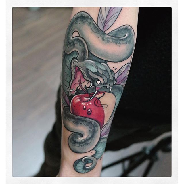 Neo Traditional Snake With Apple Tattoo On Right Arm