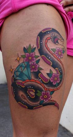 Neo Traditional Snake With Diamond Tattoo On Right Thigh