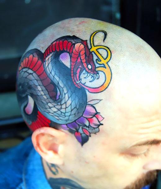 Neo Traditional Snake With Flower Tattoo On Man Head By Aaron Riddle