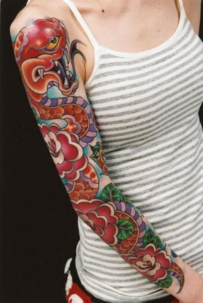 Neo Traditional Snake With Flowers Tattoo On Right Full Sleeve