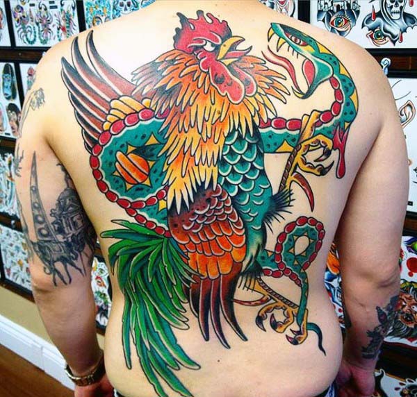 Neo Traditional Snake With Hen Tattoo On Man Full Back