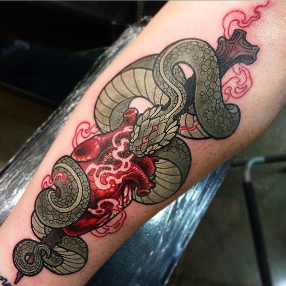 Neo Traditional Snake With Real Heart Tattoo Design For Leg By Teniele Sadd