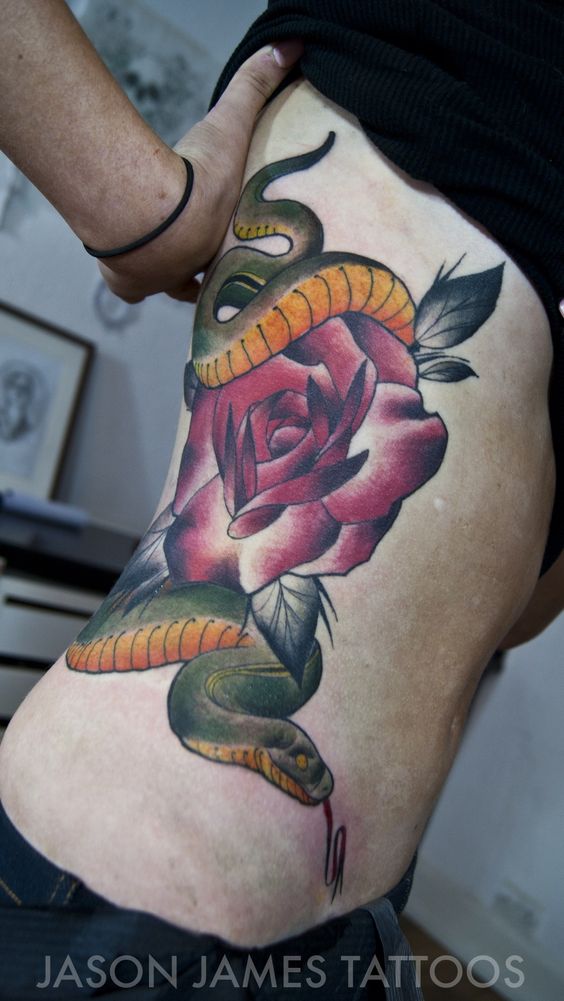 Neo Traditional Snake With Rose Tattoo On Side Rib By Jason James
