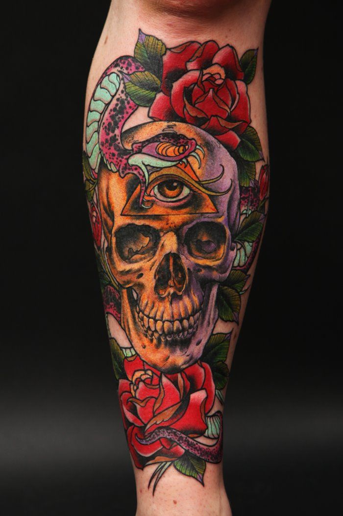 Neo Traditional Snake With Skull And Roses Tattoo On Right Leg