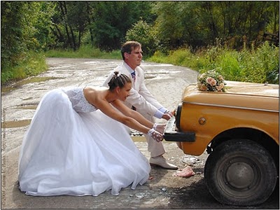Newly Wedding Couple Pulling Car Funny Picture