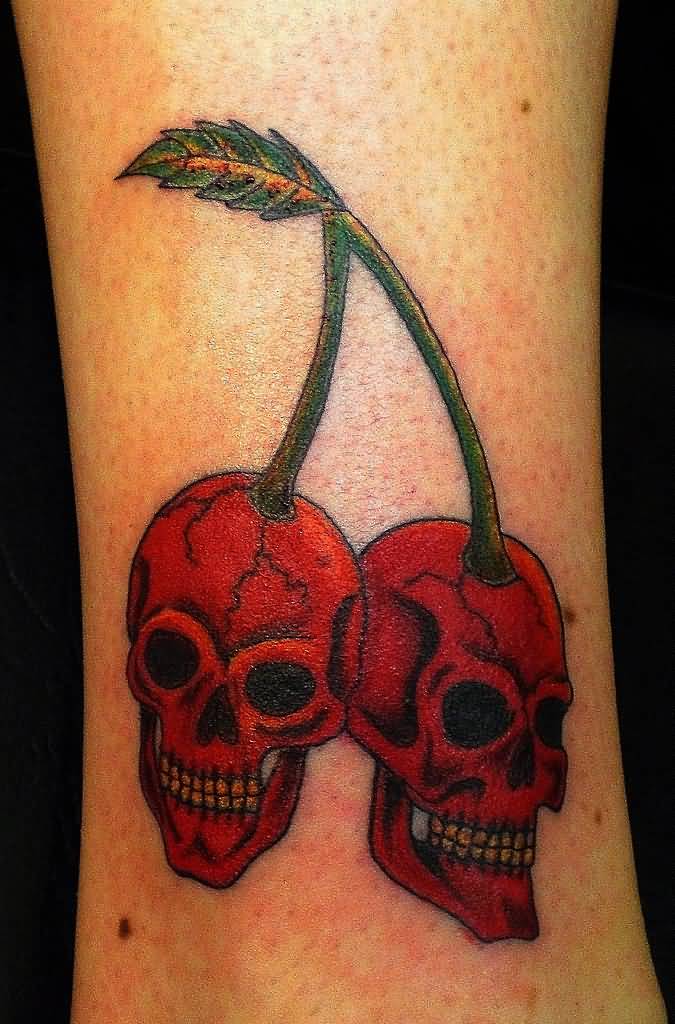 Nice Cherry Skull Tattoo On Leg