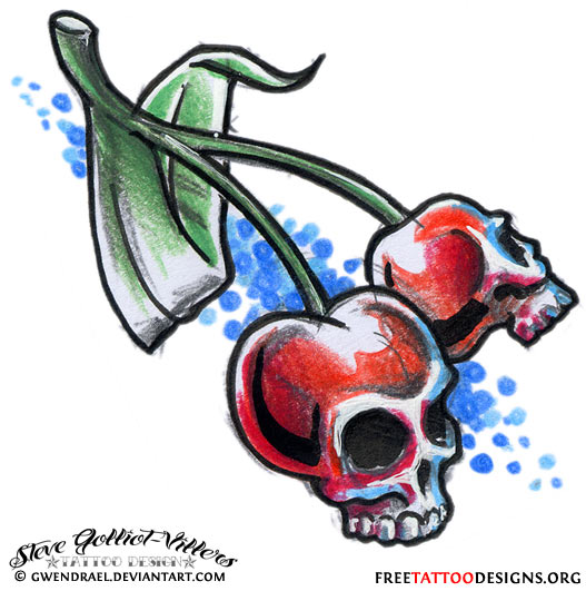Nice Cherry Skulls Tattoo Design