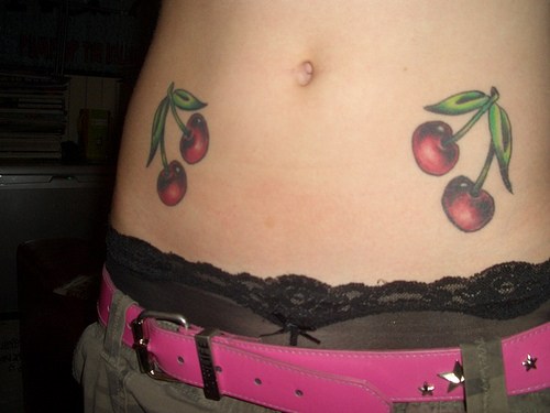 Nice Cherry Tattoos On Girl Both Hips