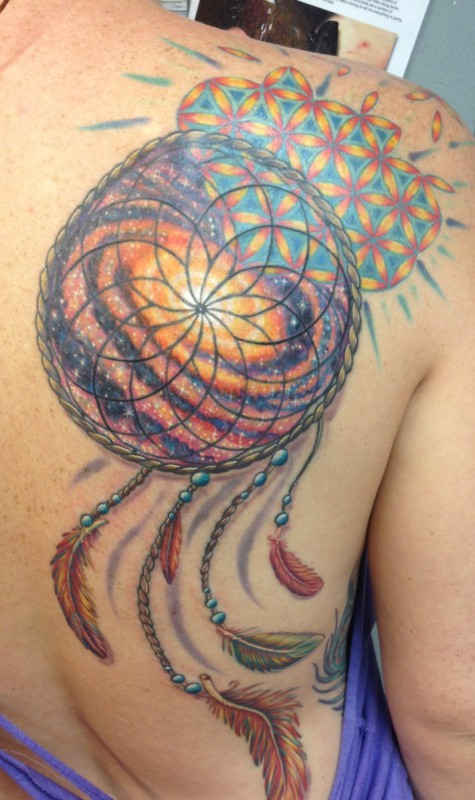 Nice Colorful Dreamcatcher Tattoo On Back Shoulder