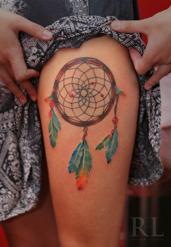 Nice Dreamcatcher Tattoo On Girl Left Thigh