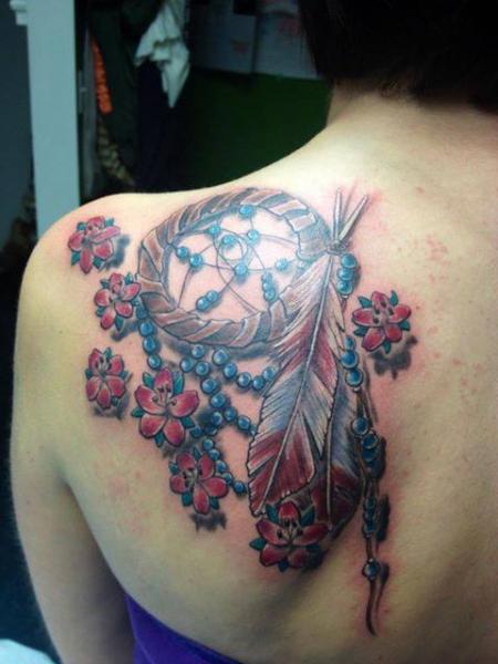 Nice Flowers And Dreamcatcher Tattoo On Left Back Shoulder