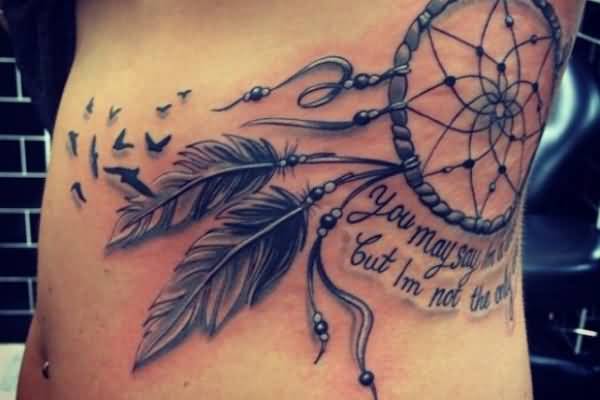 Nice Grey Ink Flying Birds And Dreamcatcher Tattoo