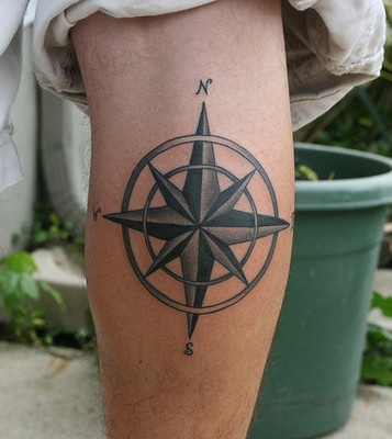 Nice Grey Ink Nautical Star Tattoo On Leg