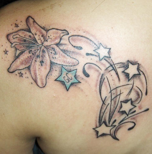 Nice Grey Lily Flower And Stars Tattoo On Left Back Shoulder