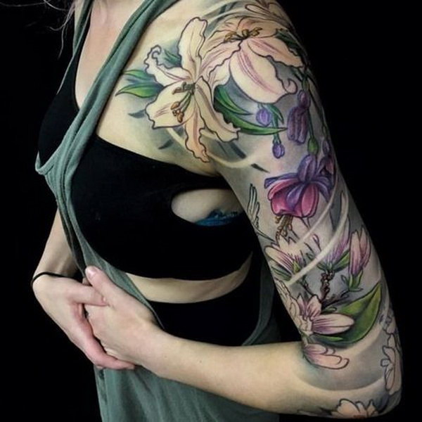 Nice Lily Tattoos On Girl Left Sleeve