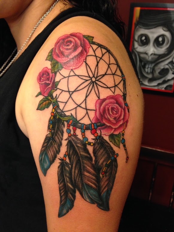 Nice Rose Flowers And Dreamcatcher Tattoo On Left Shoulder