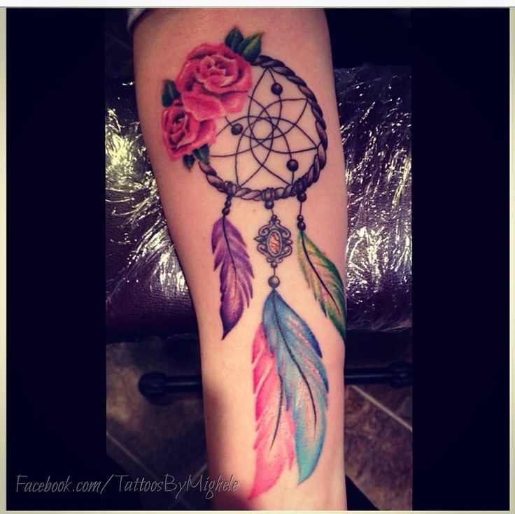 Nice Rose Flowers Colorful Dreamcatcher Tattoo by Mighele