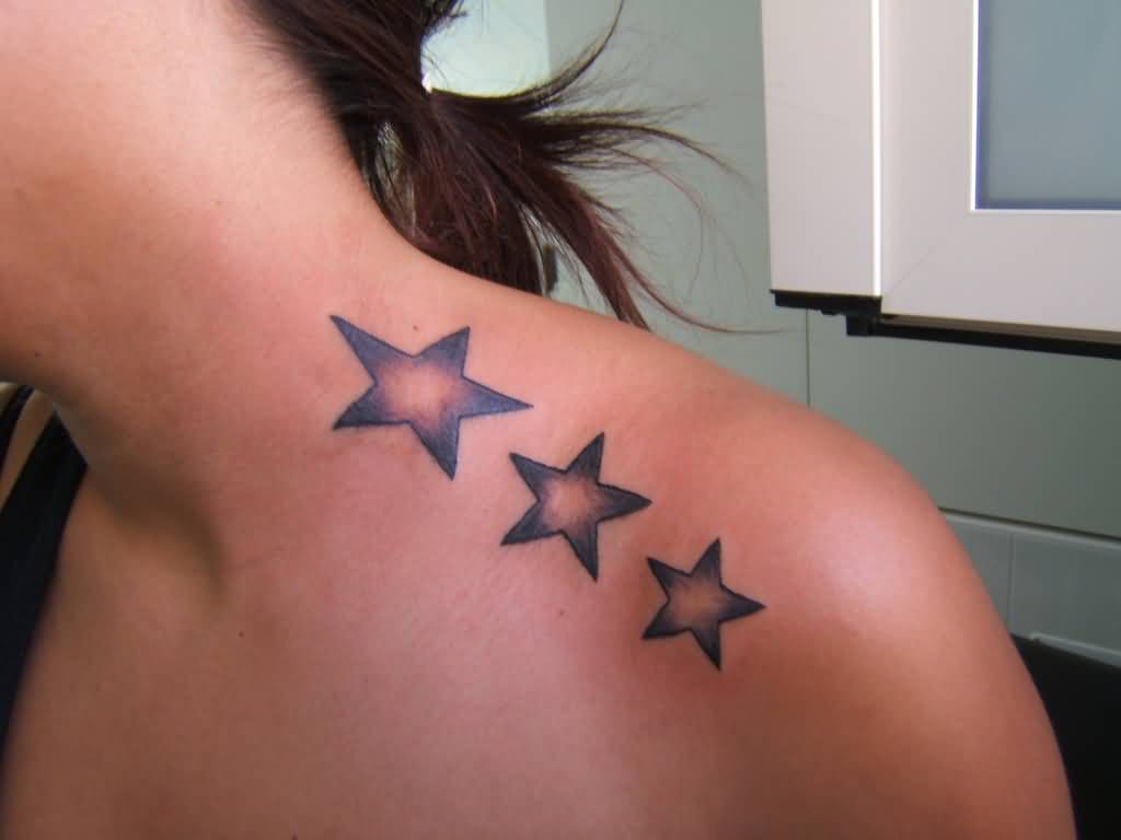 Nice Star Tattoos On Girl Upper Shoulder