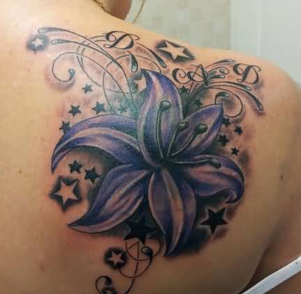 Nice Stars And Purple Lily Flower Tattoo On Back Shoulder