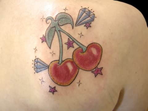 Nice Stars And Right Back Shoulder Cute Cherry Tattoo