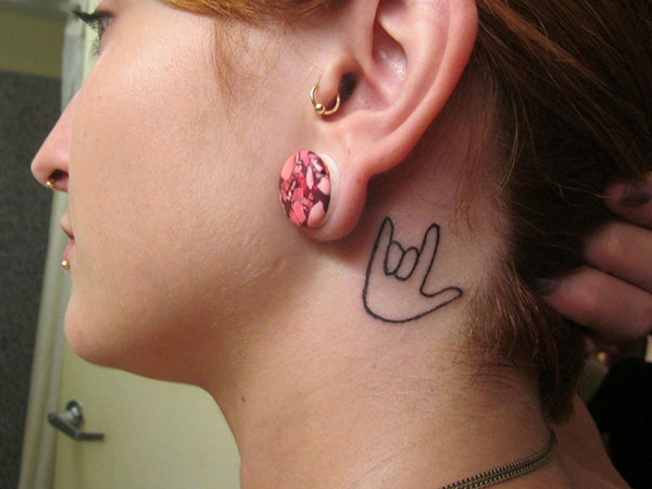 Outline I Love You Sign Tattoo Behind Ear