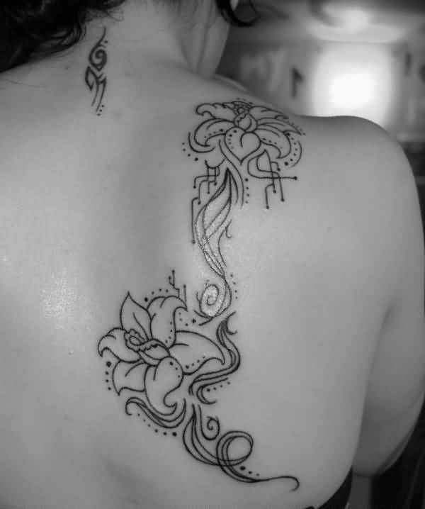Outline Lily Flowers Tattoo On Right Back Shoulder