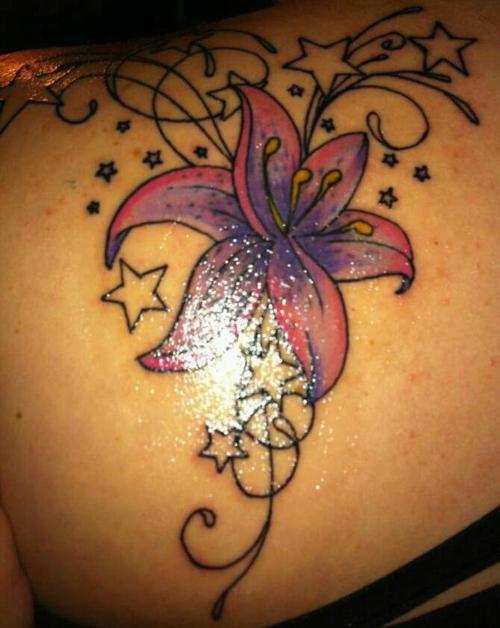 Outline Stars And Lily Flower Tattoo On Left Back Shoulder