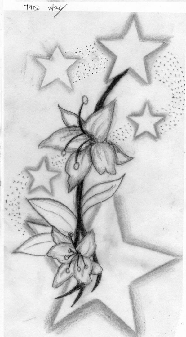 Outline Stars and Lily Tattoo Design
