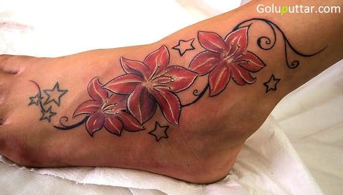 Outline Stars and Lily Tattoo On Ankle
