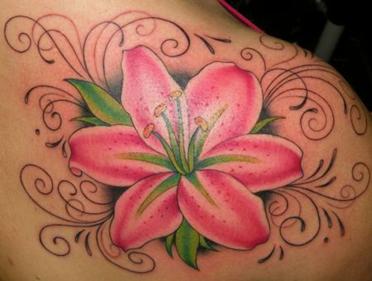 Pink And Green Lily Flower Tattoo On Right Back Shoulder