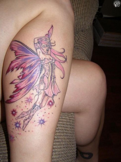 Pink And Purple Fairy With Fairy Dust Tattoo On Right Leg