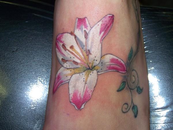 Pink And White Tiger Lily Tattoo On Foot