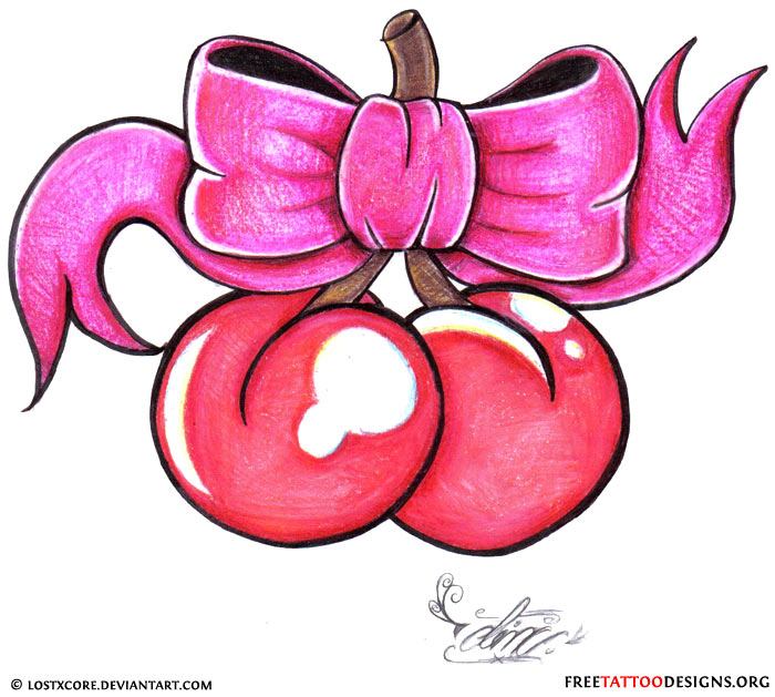 Pink Bow And Cute Cherry Tattoo Design