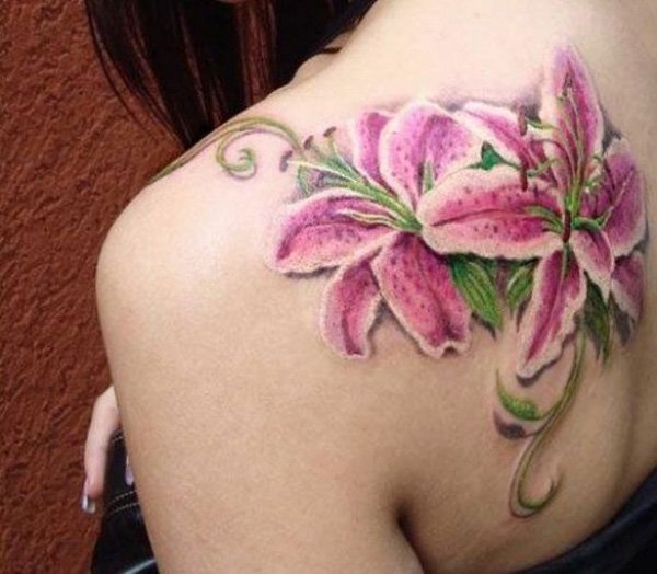Pink Ink Lily Flower Tattoo On Girl Left Back Shoulder