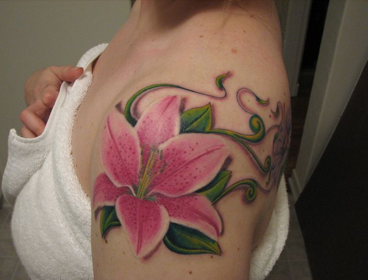 Pink Ink Lily Flower Tattoo On Women Left Shoulder