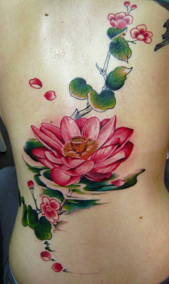 Pink Ink Lotus Flower In Water Tattoo On Full Back