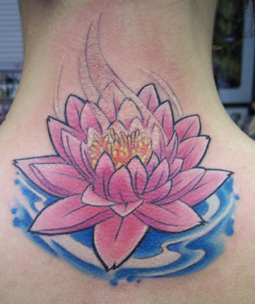 Pink Ink Lotus Flower In Water Tattoo On Girl Back Neck