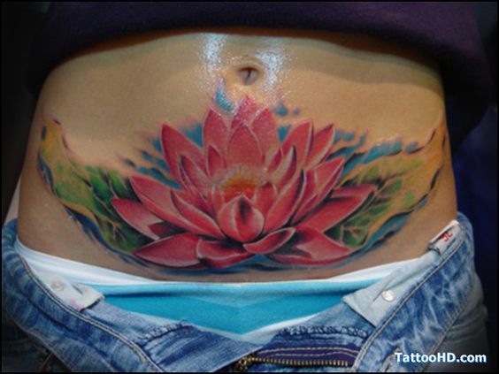 Pink Ink Lotus Flower In Water Tattoo On Girl Stomach