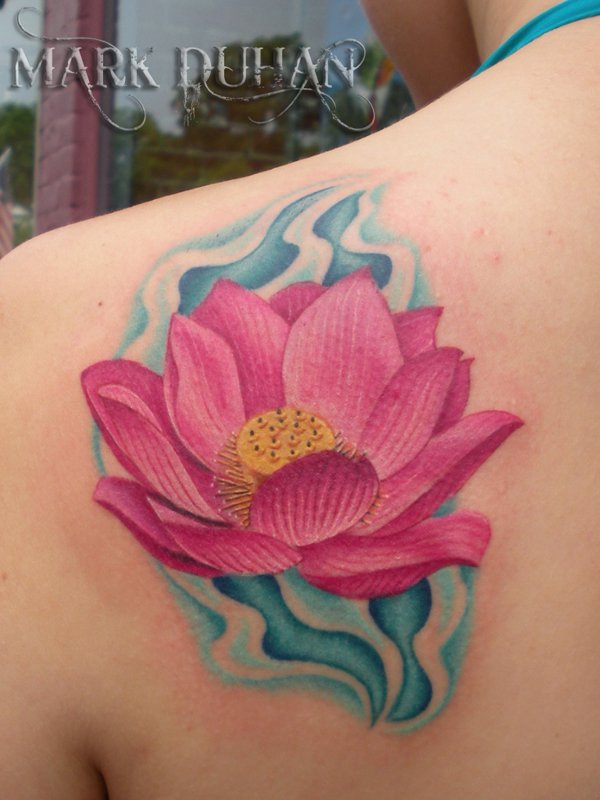 Pink Ink Lotus Flower In Water Tattoo On Left Back