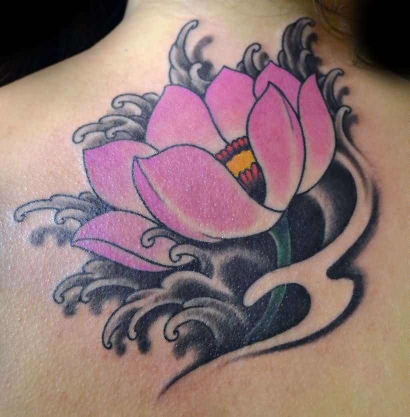 Pink Ink Lotus Flower In Water Tattoo On Upper Back