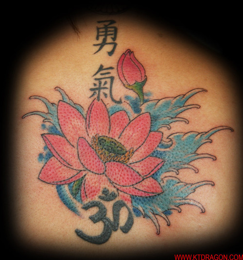 Pink Ink Lotus Flower In Water With Om Tattoo Design