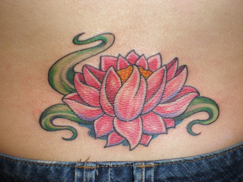 Pink Ink Lotus Flower Tattoo Design For Lower Back