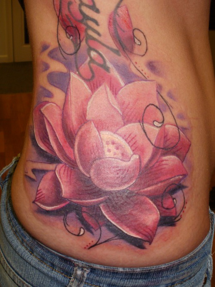 Pink Ink Lotus Flower Tattoo On Female Right Side Rib