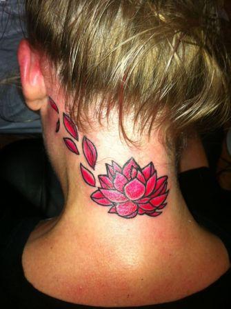 Pink Ink Lotus Flower Tattoo On Girl Back Neck