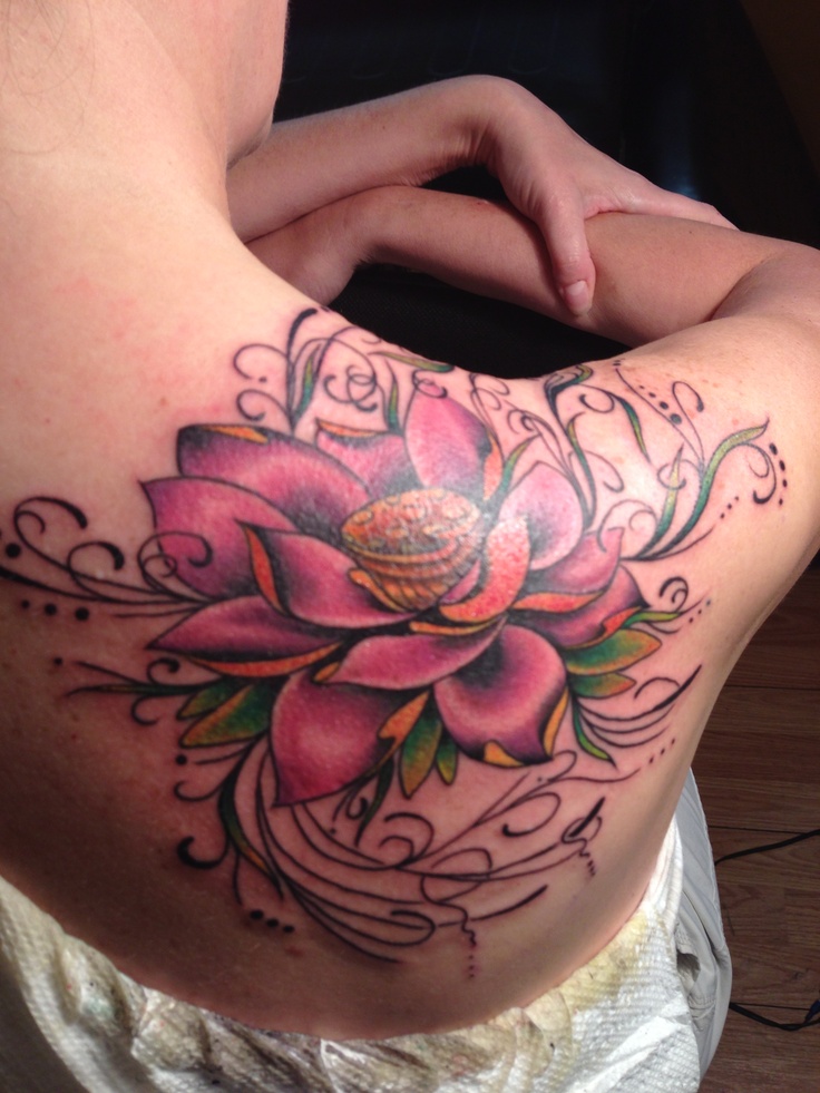 Pink Ink Lotus Flower Tattoo On Girl Right Back Shoulder