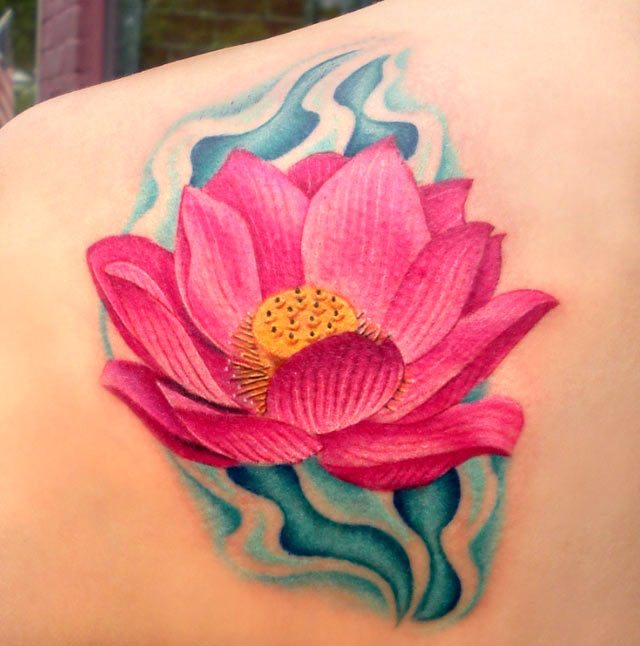 Pink Ink Lotus Flower Tattoo On Left Back Shoulder