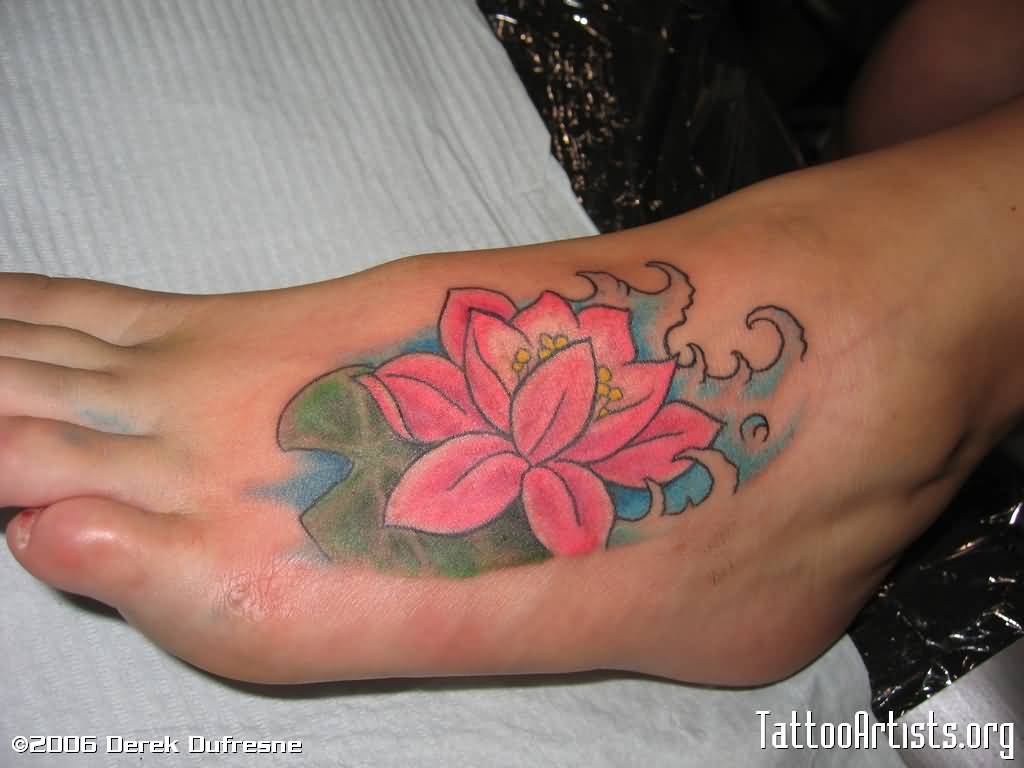 Pink Ink Lotus Flower Tattoo On Left Foot