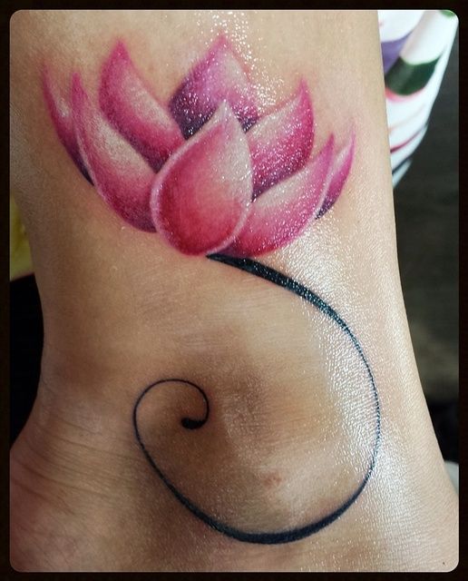 Pink Ink Lotus Flower Tattoo On Right Ankle