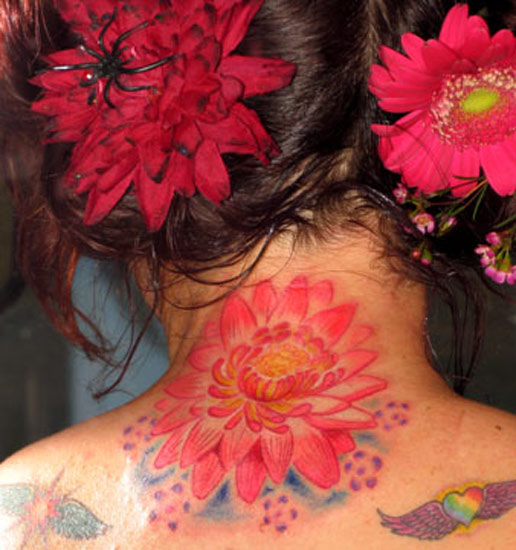 Pink Ink Lotus Flower Tattoo On Women Back Neck