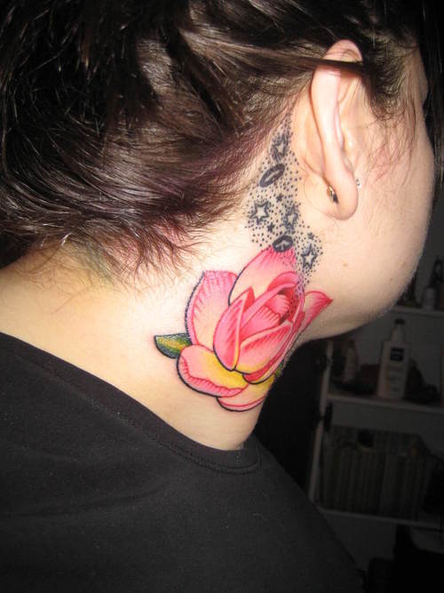Pink Ink Lotus Flower Tattoo On Women Side Neck